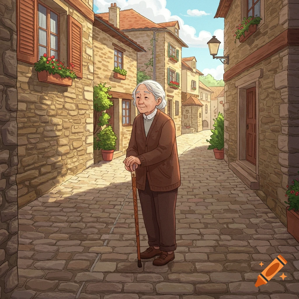 An elderly woman with a cane stands on a sunlit cobblestone street lined with stone buildings in a cartoon illustration.