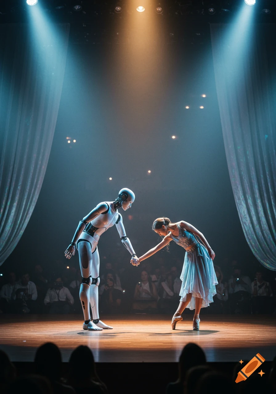 A humanoid robot and a ballerina bow to an audience on a spotlighted stage, holding hands, in a photorealistic style.