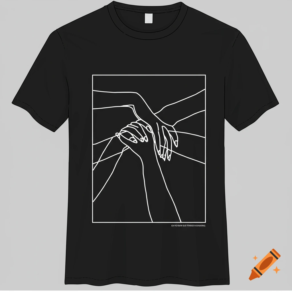 Black t-shirt with a white minimalist line art design of multiple hands interlocking in a square.