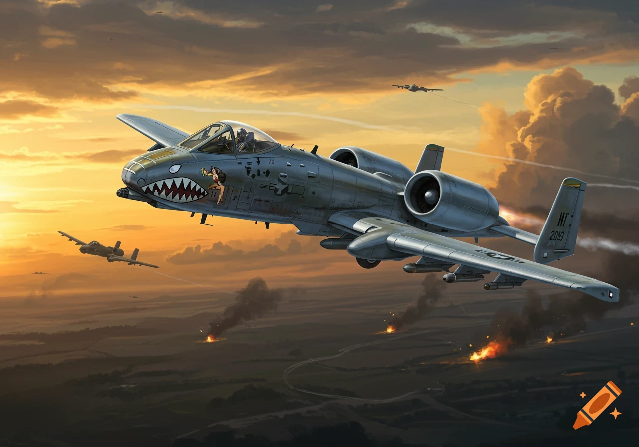 An A-10 Thunderbolt II aircraft with shark teeth nose art and a pin-up girl flies over a landscape with explosions at sunset, with other aircraft in the background. The art style is a detailed illustration.
