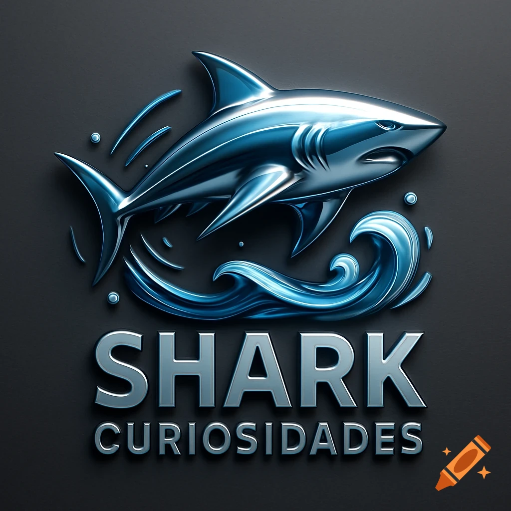 A 3D metallic blue shark logo with waves and the text "SHARK CURIOSIDADES" on a dark background.