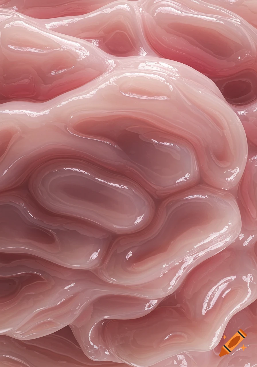 Close-up of a glossy, undulating, pink and reddish-brown abstract fleshy texture.