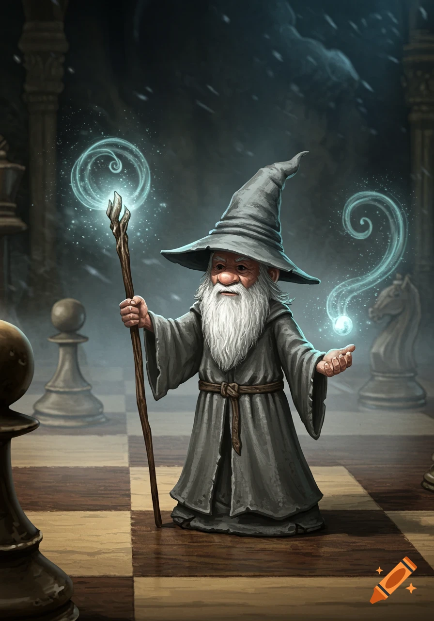 A gnome-like wizard resembling Gandalf, holding a staff and conjuring magic, stands on a chessboard amidst large chess pieces.
