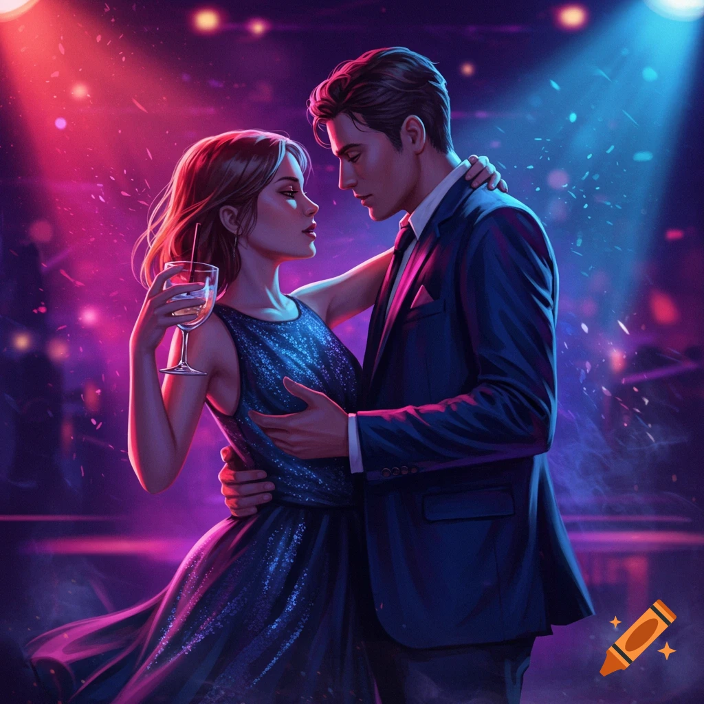 A couple dancing closely in a vibrant nightclub under pink and blue spotlights, the woman holding a cocktail.