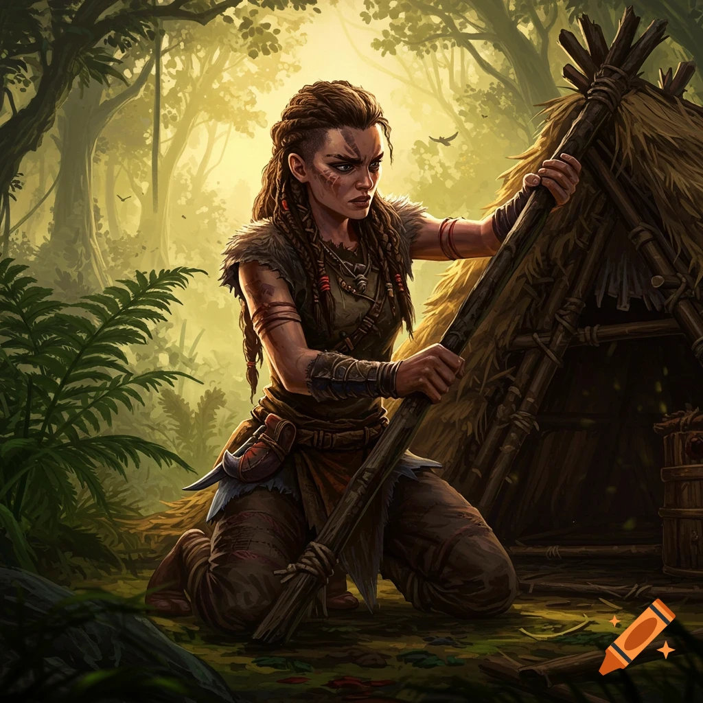A fierce female warrior with braids and facial markings kneels in a lush forest, building a straw hut.
