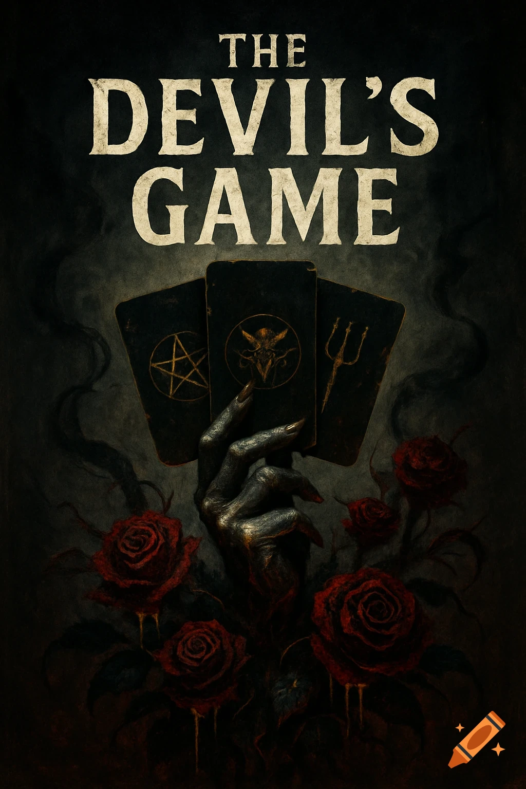 Horror book cover 'THE DEVIL'S GAME' with a monstrous hand holding occult cards amidst dark red roses.
