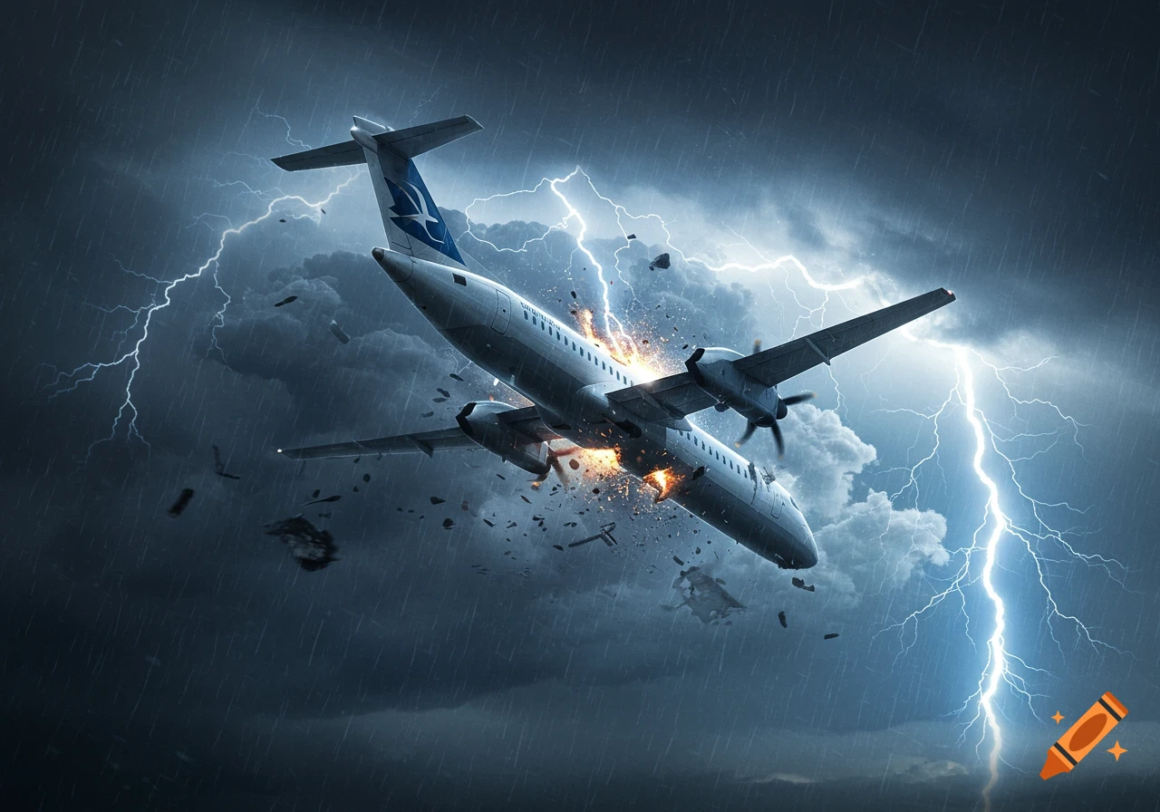 A white propeller plane crashes amidst a severe thunderstorm with lightning flashes, heavy rain, and debris scattered in the dark, stormy sky.