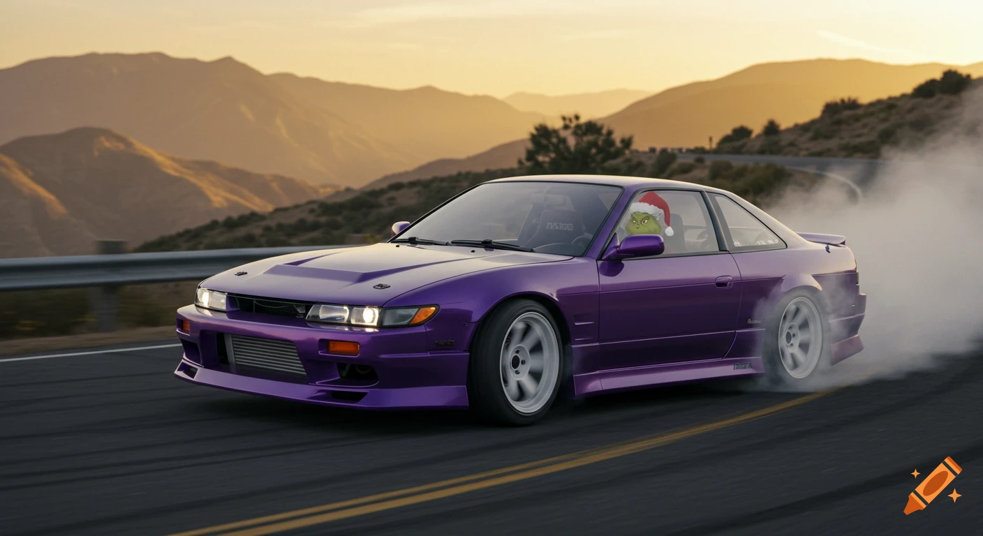 A purple Nissan Silvia S13, with the Grinch in a Santa hat driving, drifts on a mountain road at sunset.