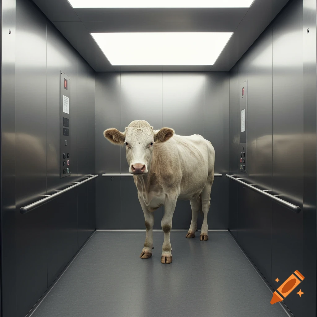 A light-colored cow stands calmly in the center of a modern, metallic elevator, looking directly at the viewer.