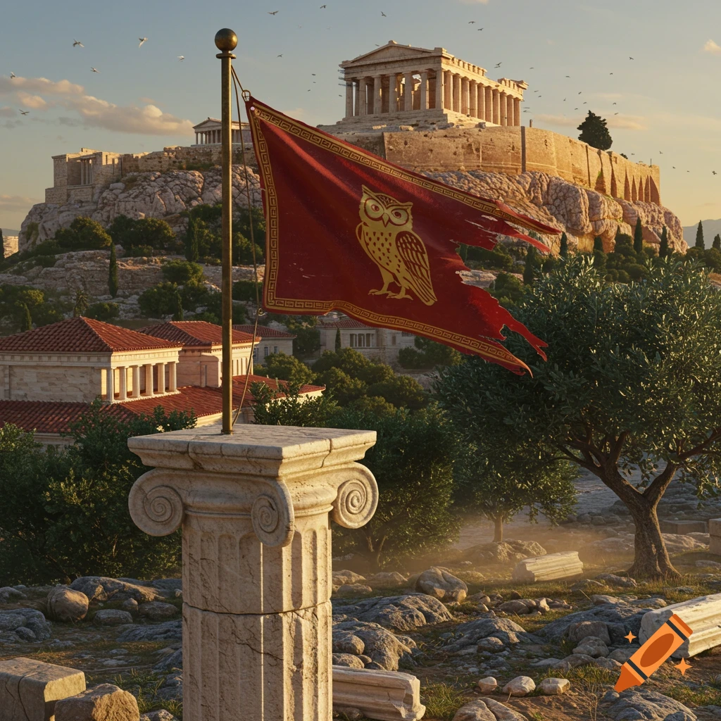 A red flag with a golden owl emblem, tattered at the edges, flies on a pole in the foreground. Behind it, the majestic Parthenon and other ancient Greek structures stand atop a rocky hill under a warm sky with birds flying.