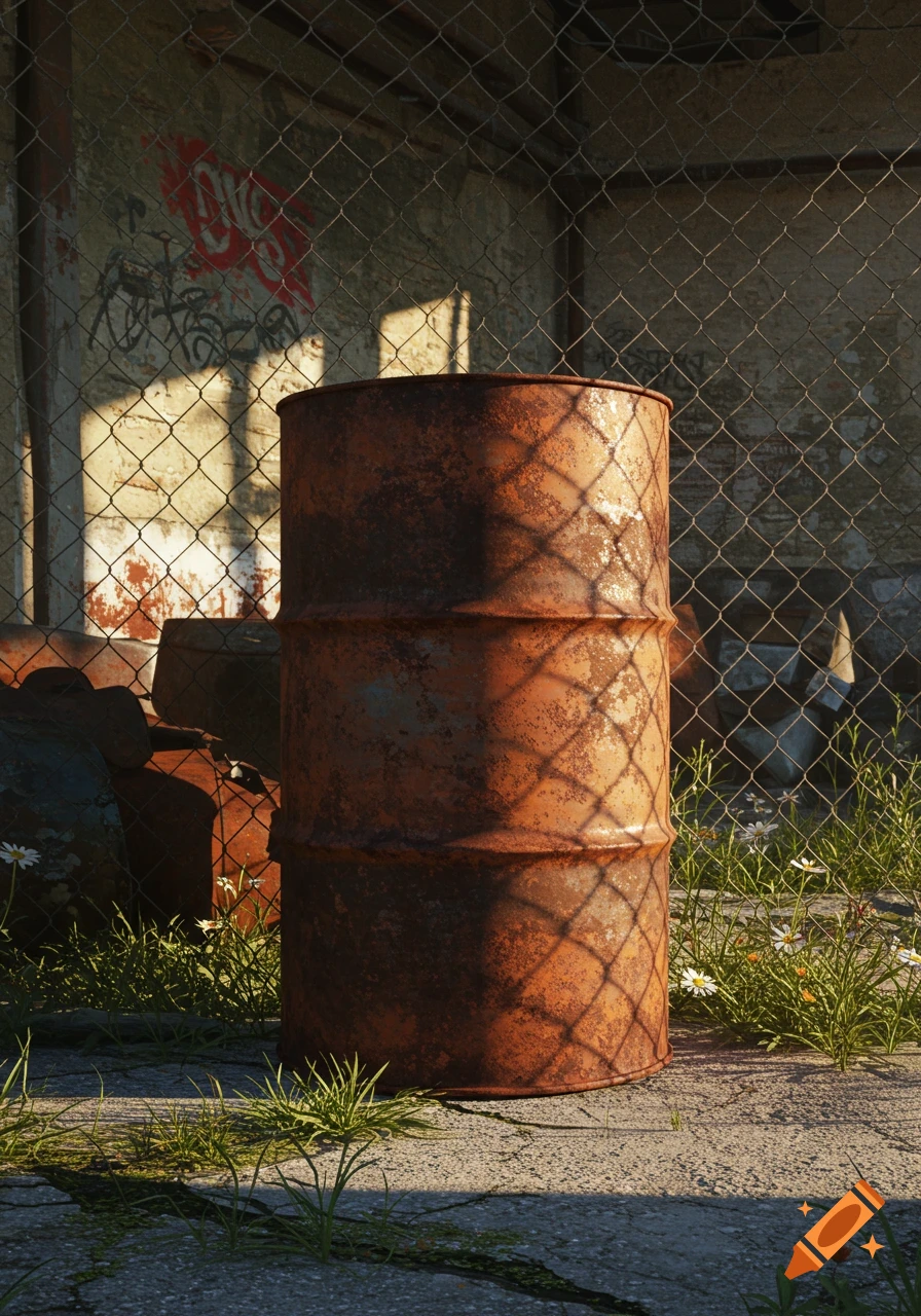 A rusty oil drum stands in a concrete area with green grass, in front of a chain-link fence and a graffiti-covered wall.
