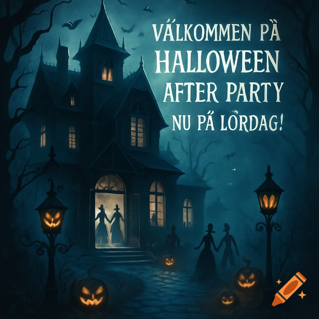 A spooky Halloween illustration of a haunted house at night with glowing jack-o'-lanterns and silhouettes of party-goers, with invitation text.