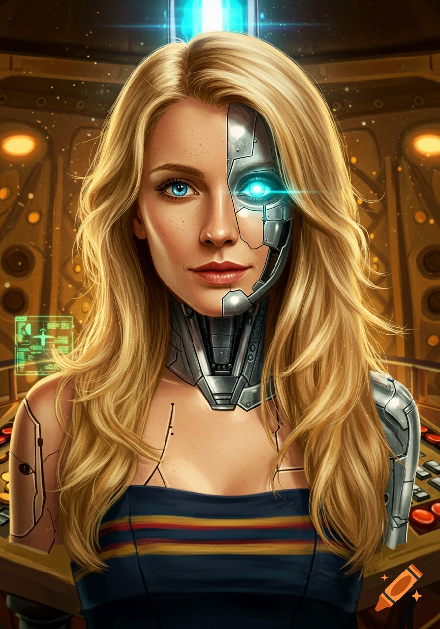 Portrait of a blonde woman, half-human, half-cyborg with a glowing blue eye, wearing a striped top, in a sci-fi control room.