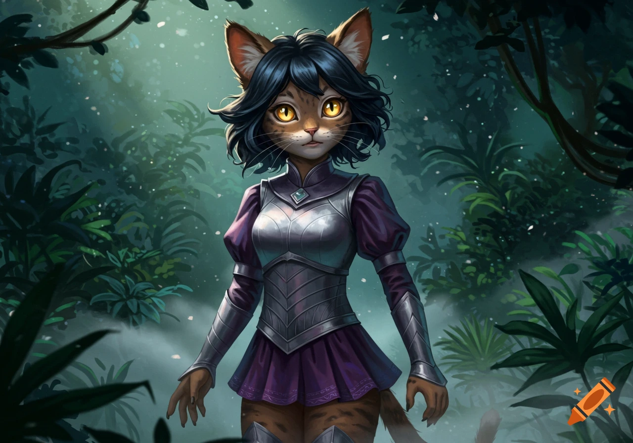A feline anthropomorphic character with short dark hair, large yellow eyes, and tabby markings, wearing purple and silver fantasy armor, stands in a mystical forest.
