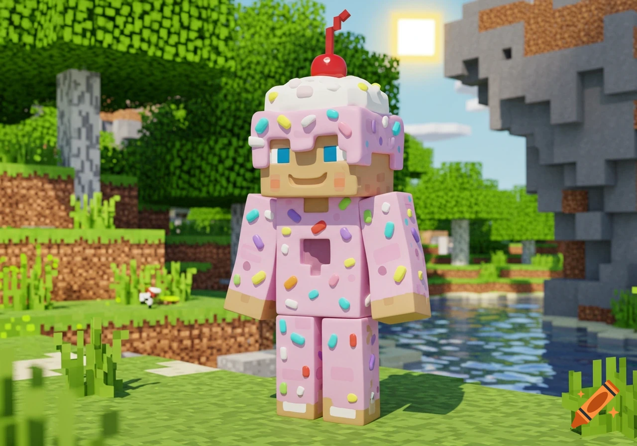 A Minecraft-style character in a pink cupcake costume with sprinkles and a cherry on top stands in a blocky green landscape.