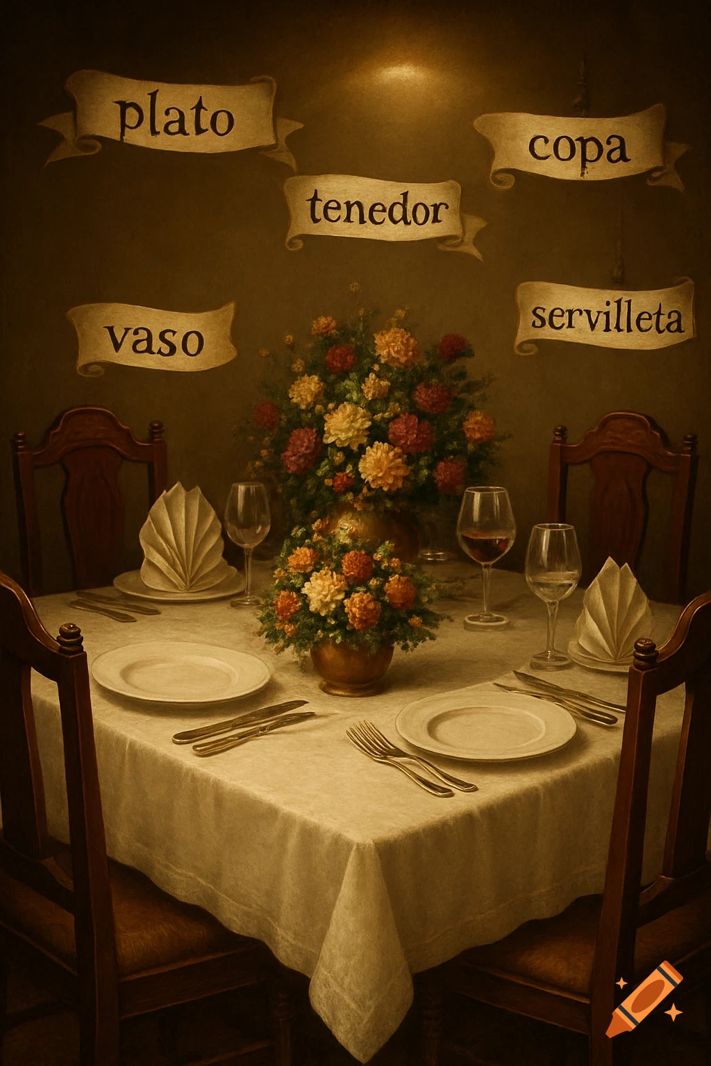 A dark, elegant dining table set with white tablecloth, plates, cutlery, wine glasses, folded napkins, and floral centerpieces. Banners with Spanish words like 'plato', 'vaso', 'tenedor', 'copa', and 'servilleta' float above the table.