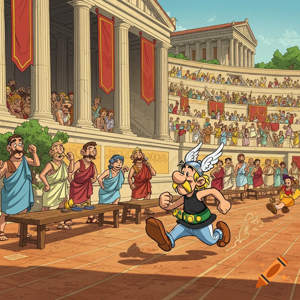 Asterix races in a Roman stadium with spectators and other competitors, depicted in a classic comic book style.