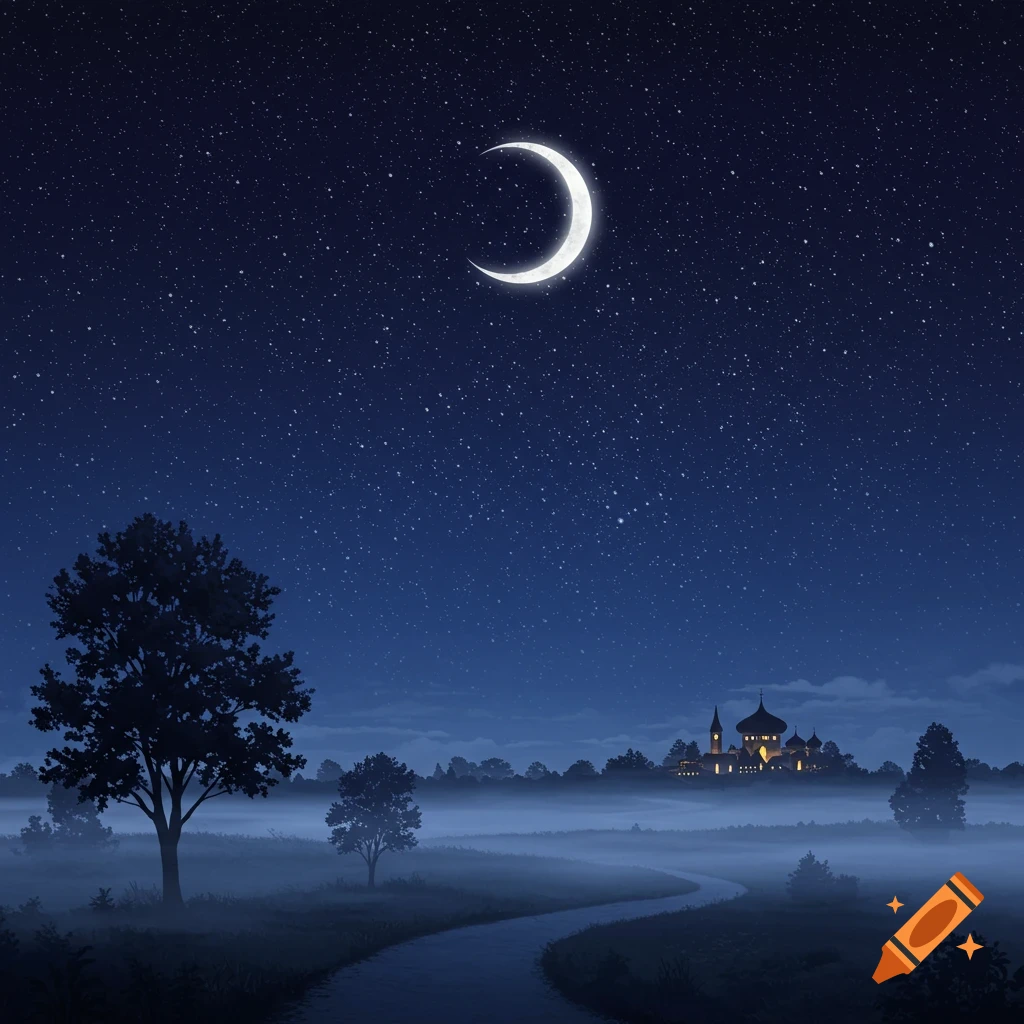 A crescent moon and stars in a dark night sky over a misty landscape with a winding path, silhouetted trees, and a distant illuminated building.