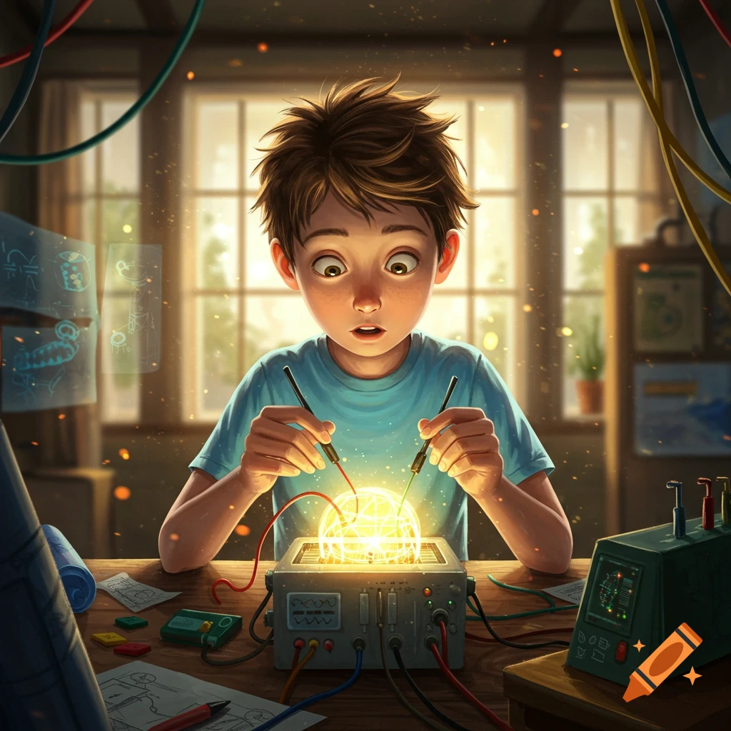 A wide-eyed young boy, with messy brown hair and a blue shirt, intently holds probes to a glowing, caged orb on a complex electronic device. He is surrounded by wires, diagrams, and other scientific equipment in a warm, sunlit room.