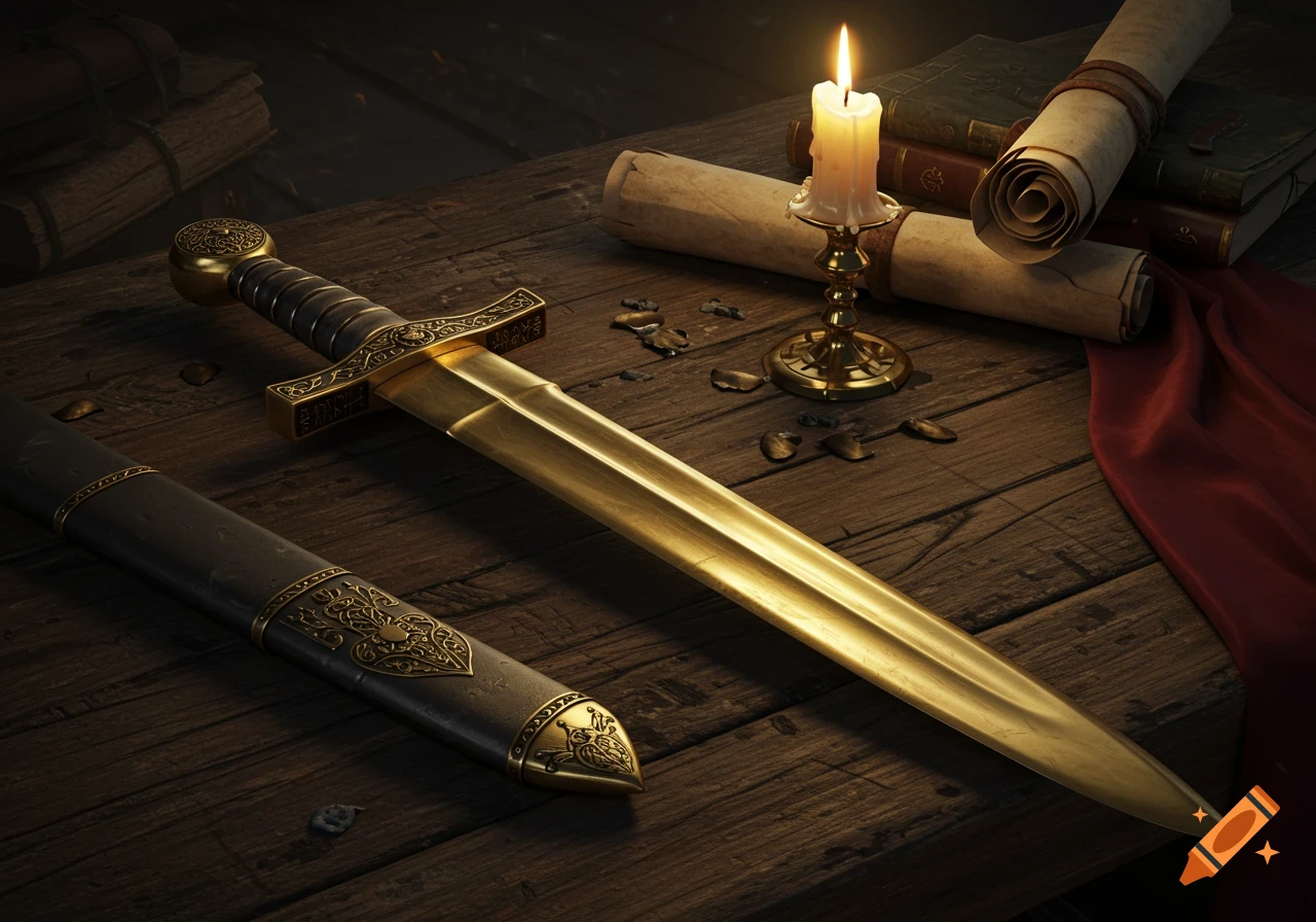 A detailed golden sword and its scabbard lie on a rustic wooden table with a lit candle, rolled scrolls, and old books.