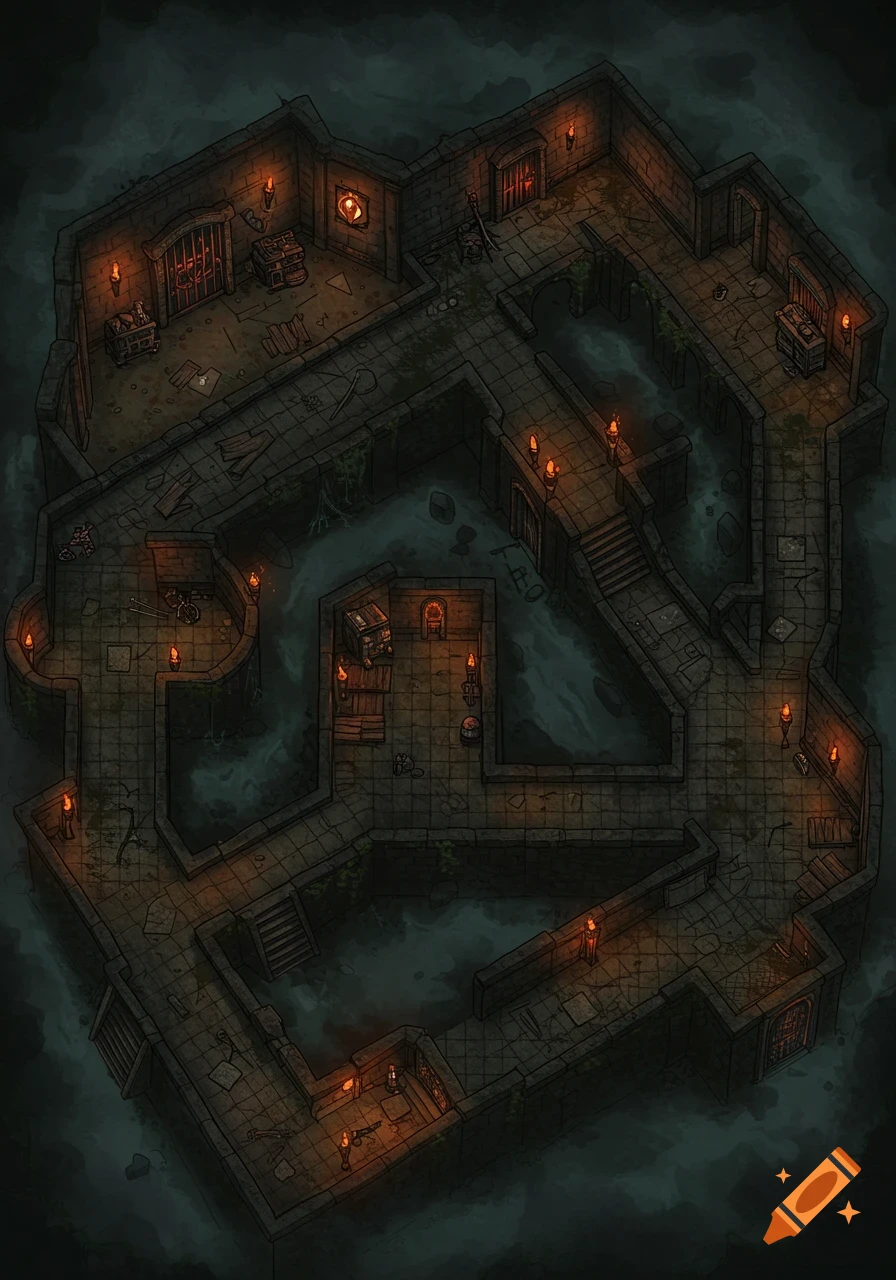 A top-down isometric view of a dark, rusty, stone dungeon map with rooms, paths, stairs, and lit torches in a hand-drawn style.
