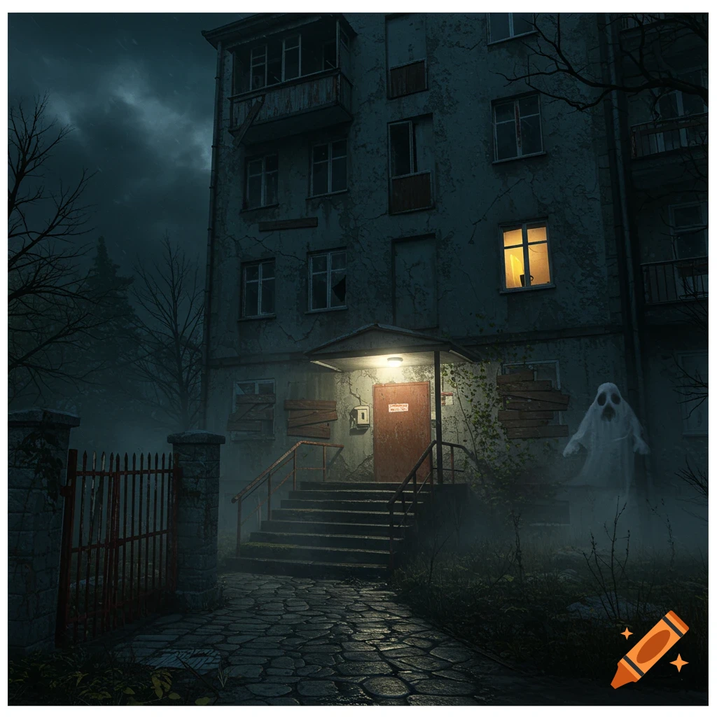 A spooky old apartment building at night with a glowing light over the entrance and a sheet ghost floating nearby in the fog.
