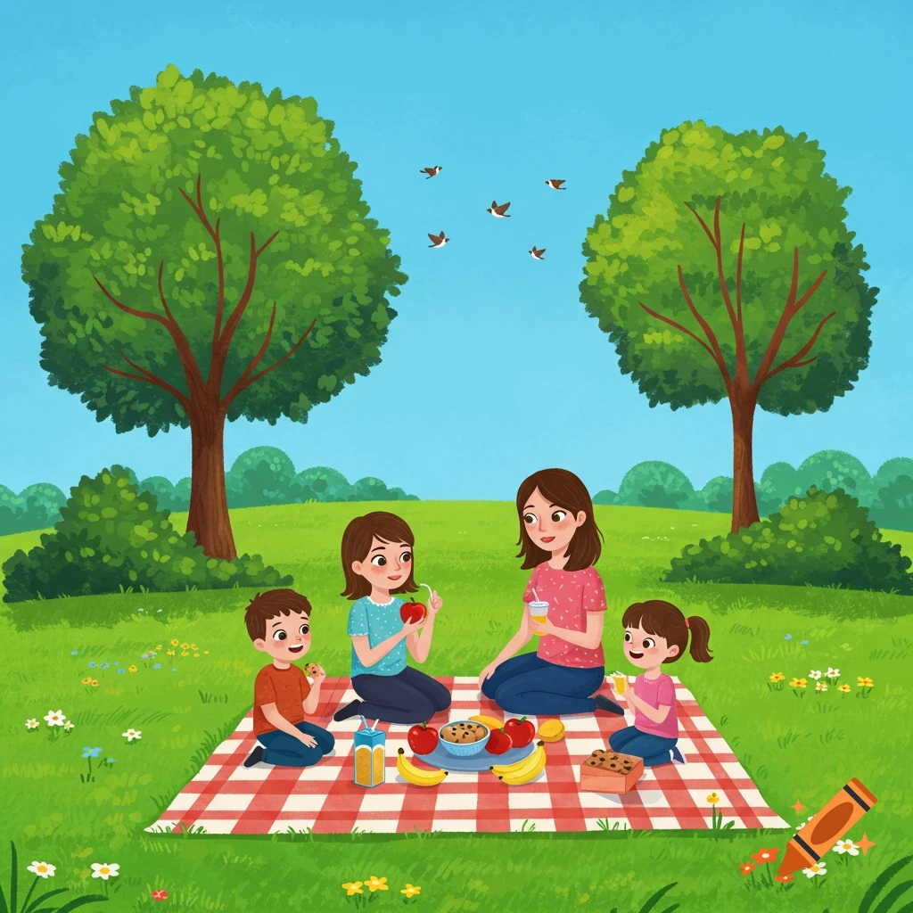 A mother and three children enjoy a picnic on a red and white checkered blanket in a grassy park with two large trees and birds flying overhead, in a cheerful cartoon style.