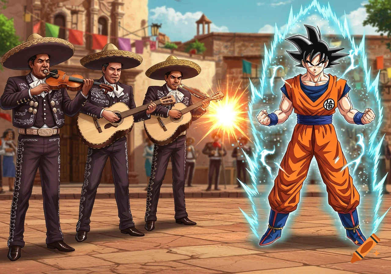 Goku in Super Saiyan form with a blue aura faces off against a mariachi band playing instruments in a vibrant town square.