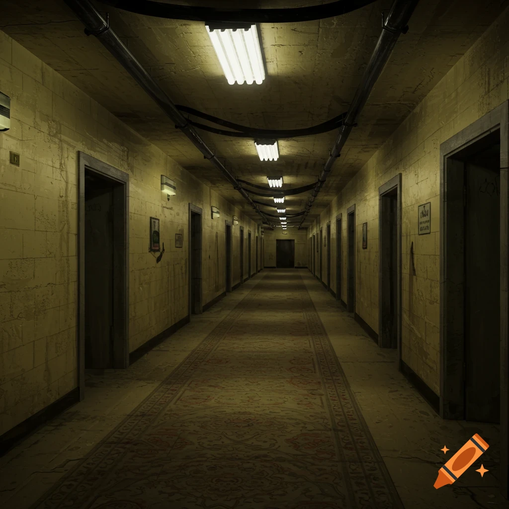 A long, eerie, and dimly lit hallway with yellowed tiled walls, numerous closed doors, and a patterned red and brown carpet leading into the distance. Fluorescent lights hang from the industrial-looking ceiling with exposed pipes.