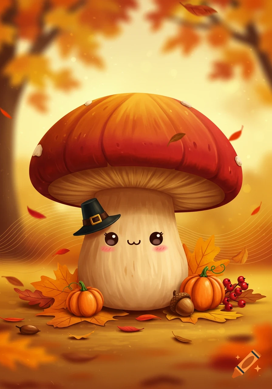 Cute cartoon mushroom wearing a pilgrim hat, smiling among autumn leaves, small pumpkins, and red berries.