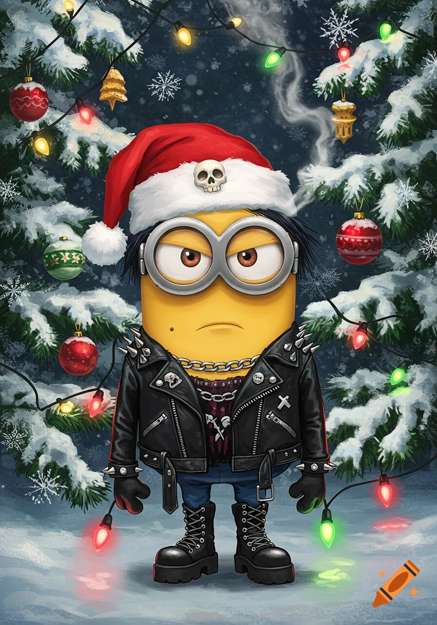 A goth Minion in a Santa hat, studded leather jacket, and combat boots, standing in a snowy Christmas tree forest with lights.