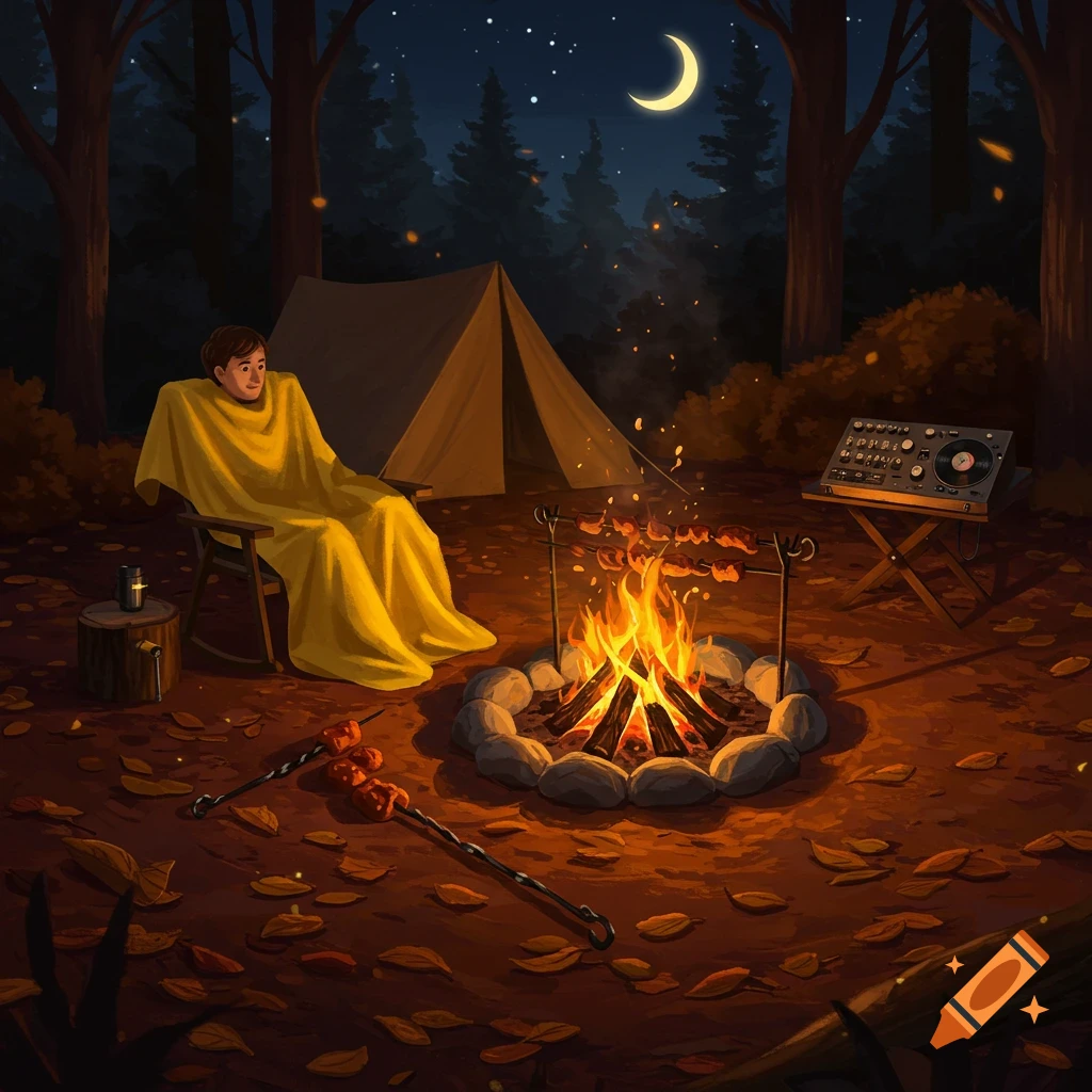 An illustration of a person in a yellow blanket by a campfire, with a tent and a record player, under a crescent moon in a dark forest.