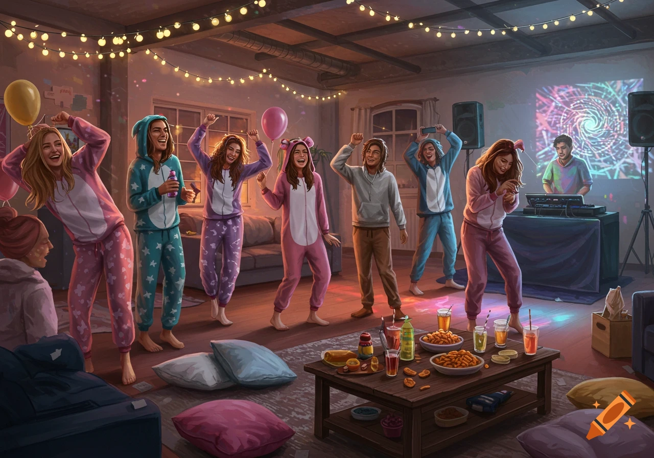 A group of happy young adults dancing at a lively pajama party, with string lights, balloons, snacks, and a DJ in a cozy room, digital painting.