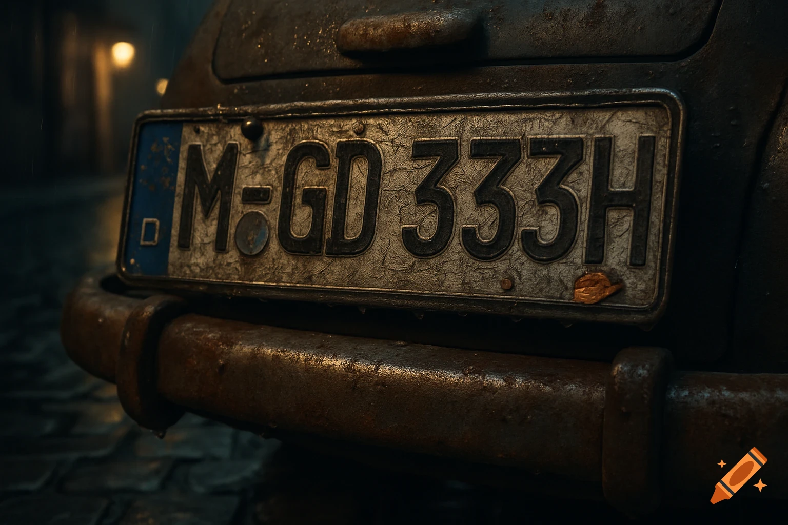 Close-up of a rusty, wet German license plate M-GD 333H on an old car's bumper, in a dark, atmospheric setting.
