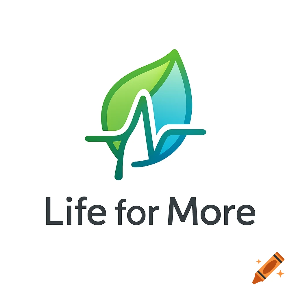 A logo with a green and blue leaf shape containing a white heartbeat line, above the text 'Life for More'.