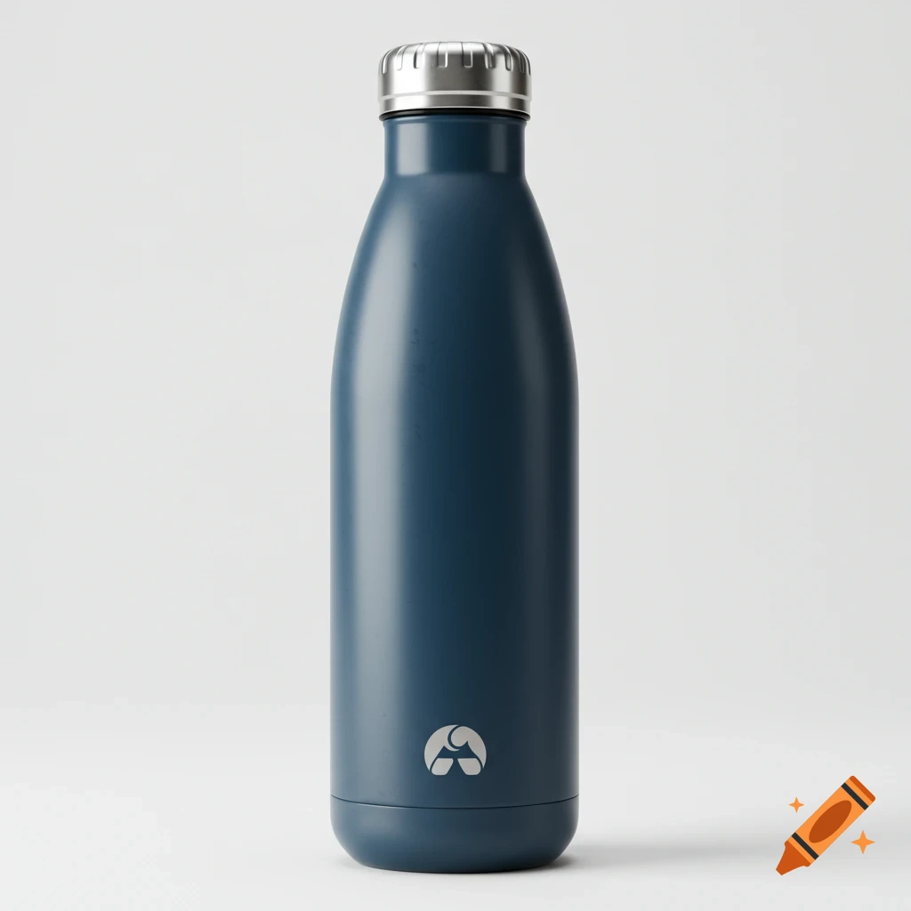 A hyperrealistic product photo of a matte dark blue stainless steel reusable water bottle with a silver cap, centered on a white background.