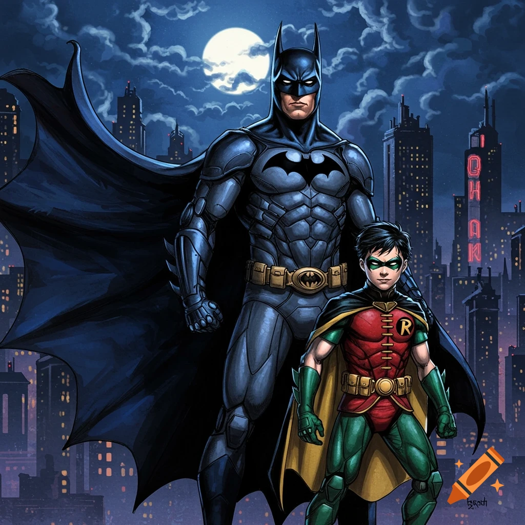 Batman and Robin stand against a full moon and city skyline in a comic book art style.