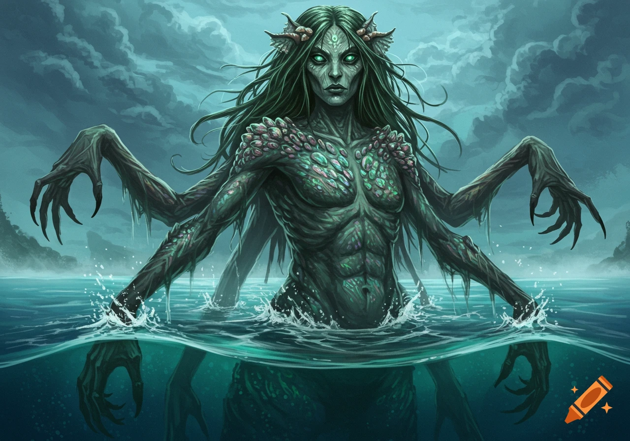 A grotesque green-skinned sea monster with multiple clawed arms, glowing green eyes, and seaweed-like hair rises from dark waters.