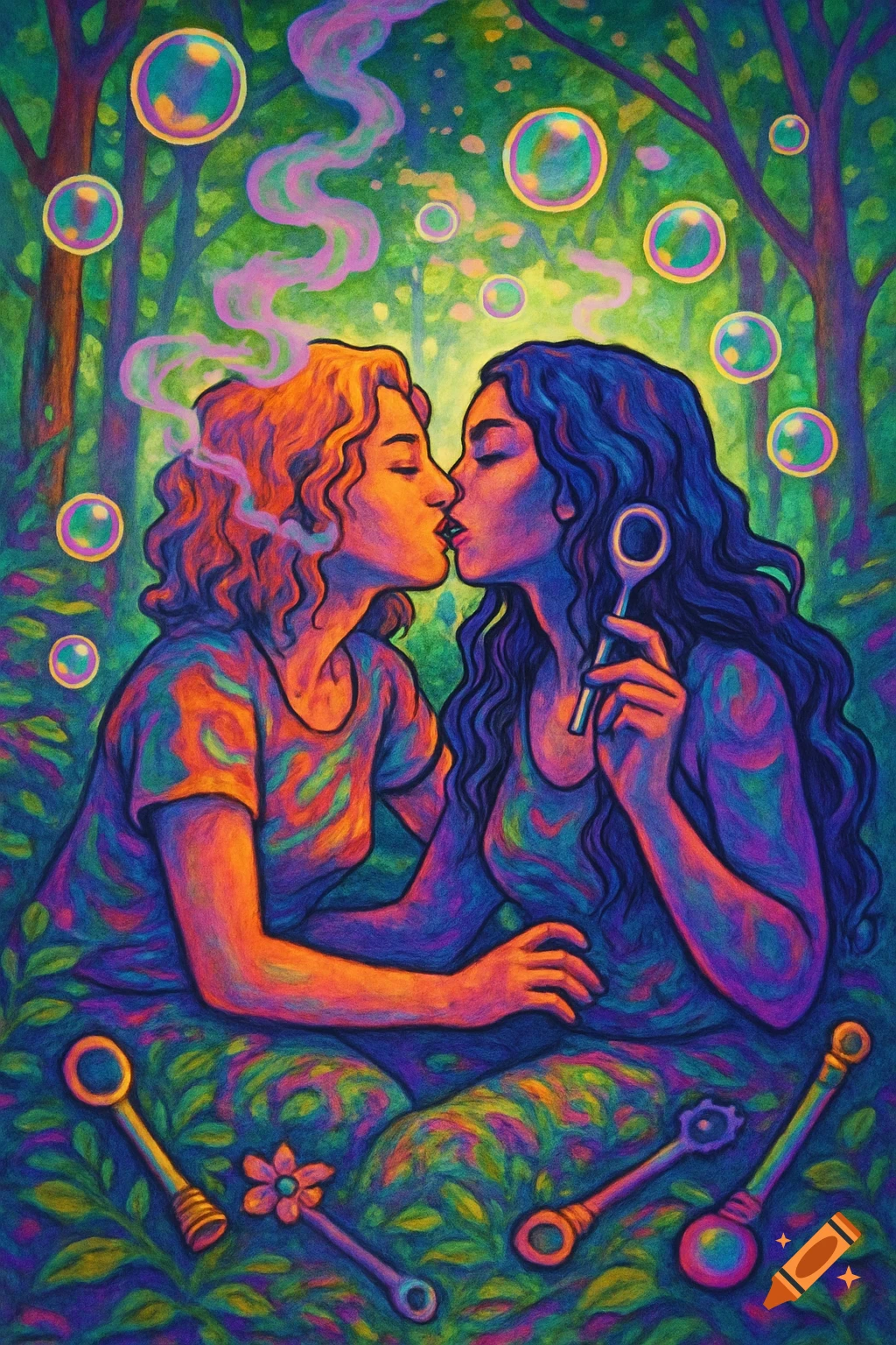 Two women kissing in a vibrant, psychedelic forest with bubbles and bubble wands, in a painterly style.