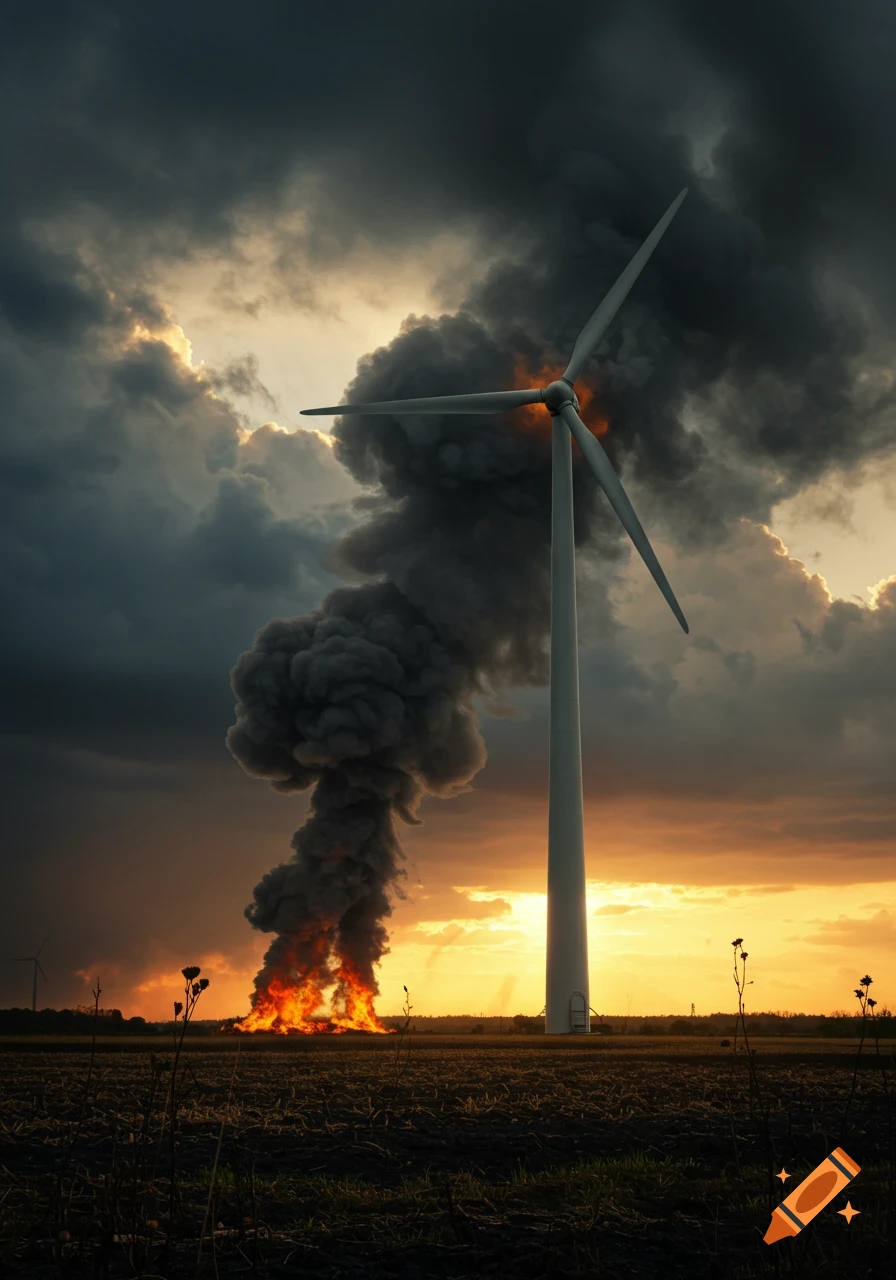 A wind turbine ablaze in a field, emitting a thick plume of black smoke against a dramatic sunset sky.