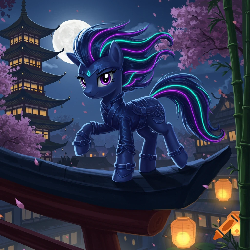A dark blue My Little Pony ninja with glowing mane stands on a Japanese rooftop at night with a pagoda and cherry blossoms.