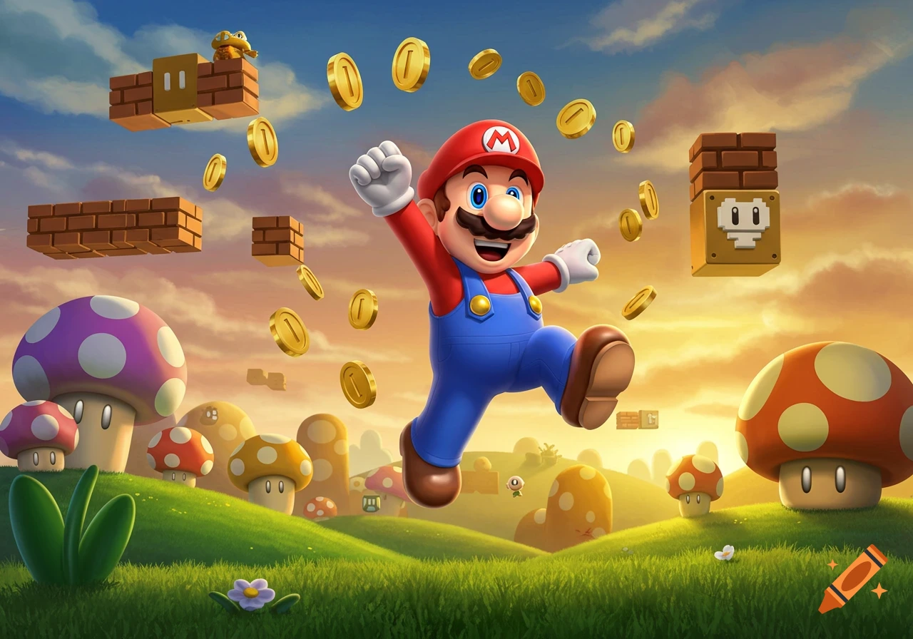 Mario leaps through a vibrant, grassy landscape with floating coins, brick blocks, and giant mushrooms under a colorful sky.