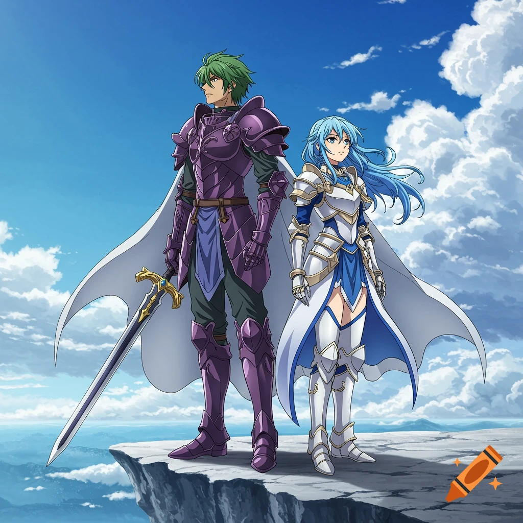 A green-haired man in purple armor and a blue-haired woman in white armor stand on a cliff, looking calm and determined, in detailed anime style.