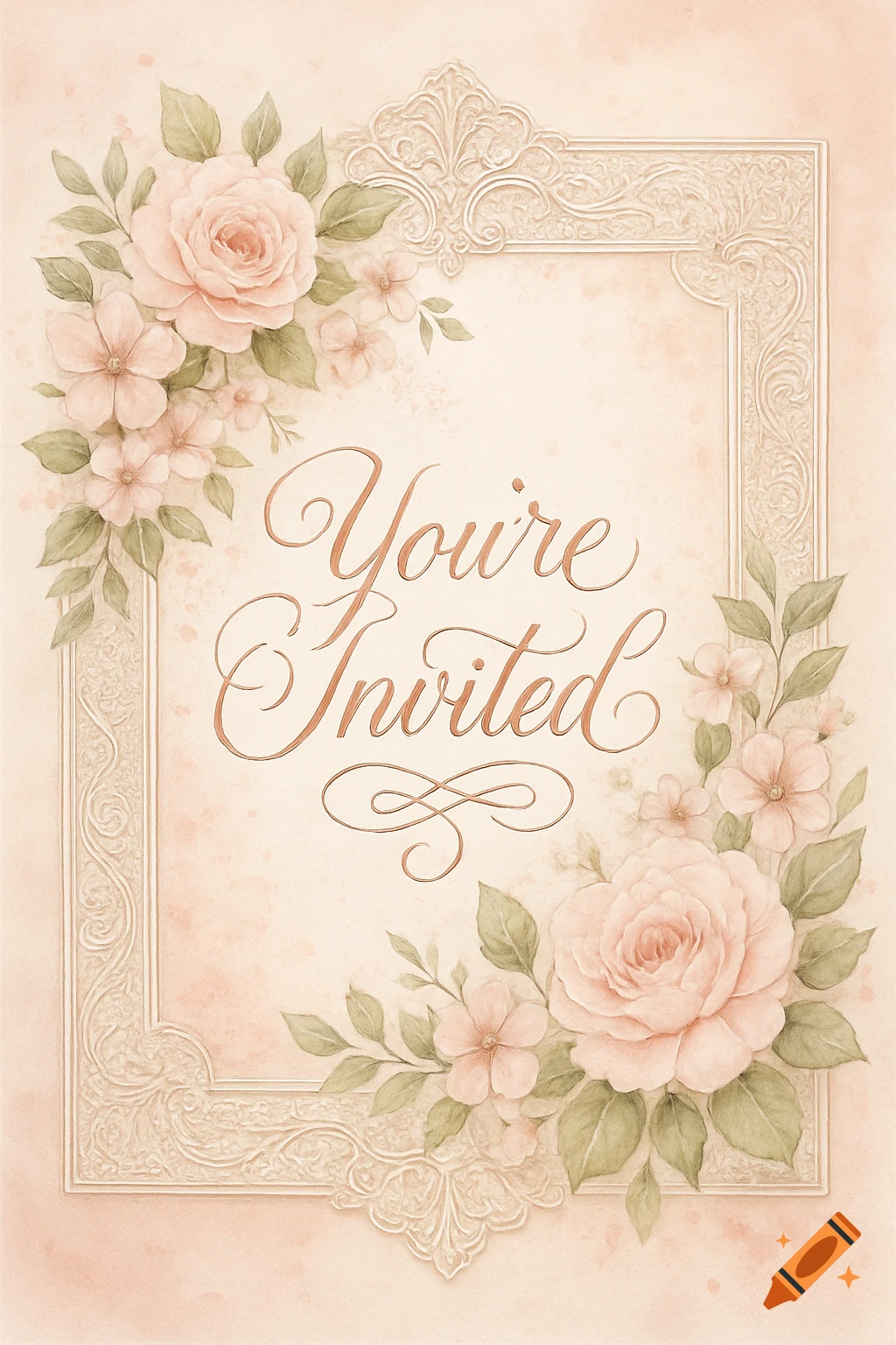 A watercolor invitation card with a decorative frame, blush pink roses, and small flowers, featuring elegant cursive text that reads "You're Invited".