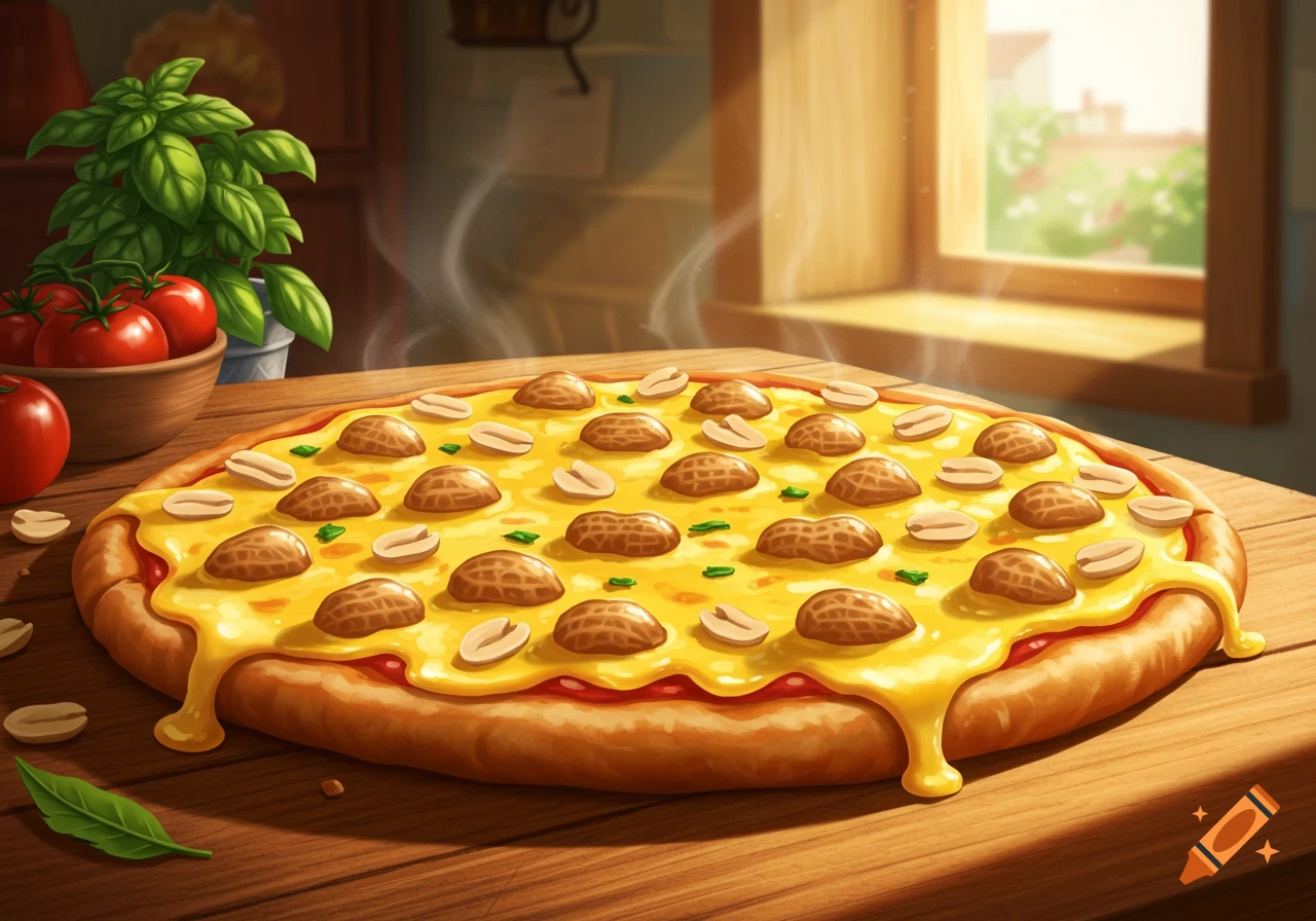 A cartoon-style image of a hot peanut pizza with melted yellow cheese on a wooden table, with basil and tomatoes in the background.