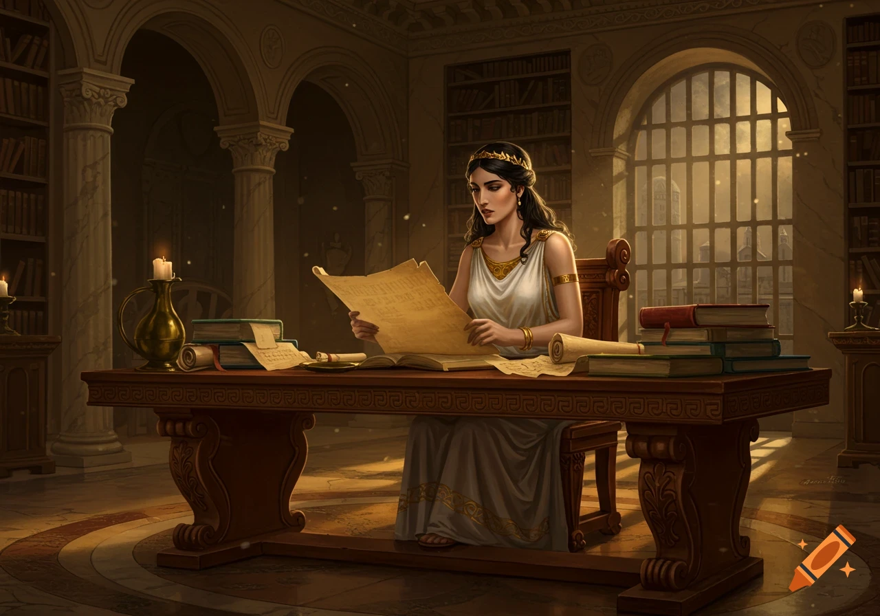 Jocasta, a woman in classical attire, studies an ancient scroll at a grand wooden desk in a sunlit library with high arches.