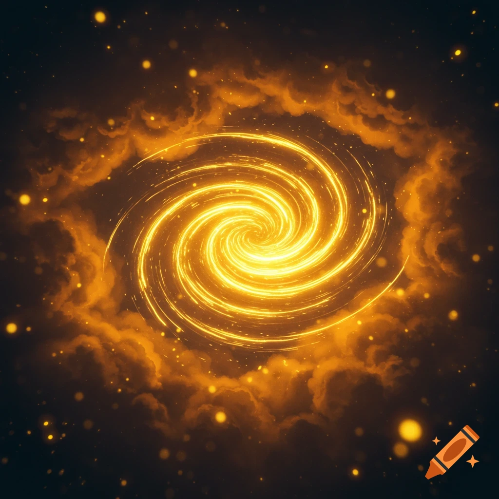 A vibrant golden spiral galaxy glows brightly amidst orange clouds and particles in deep space.