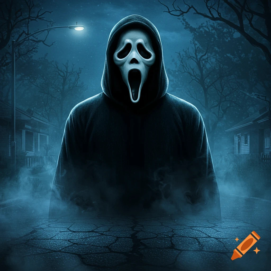 Ghostface stands ominously in a foggy, dark street at night, illuminated by a street lamp with bare trees and houses in the background.