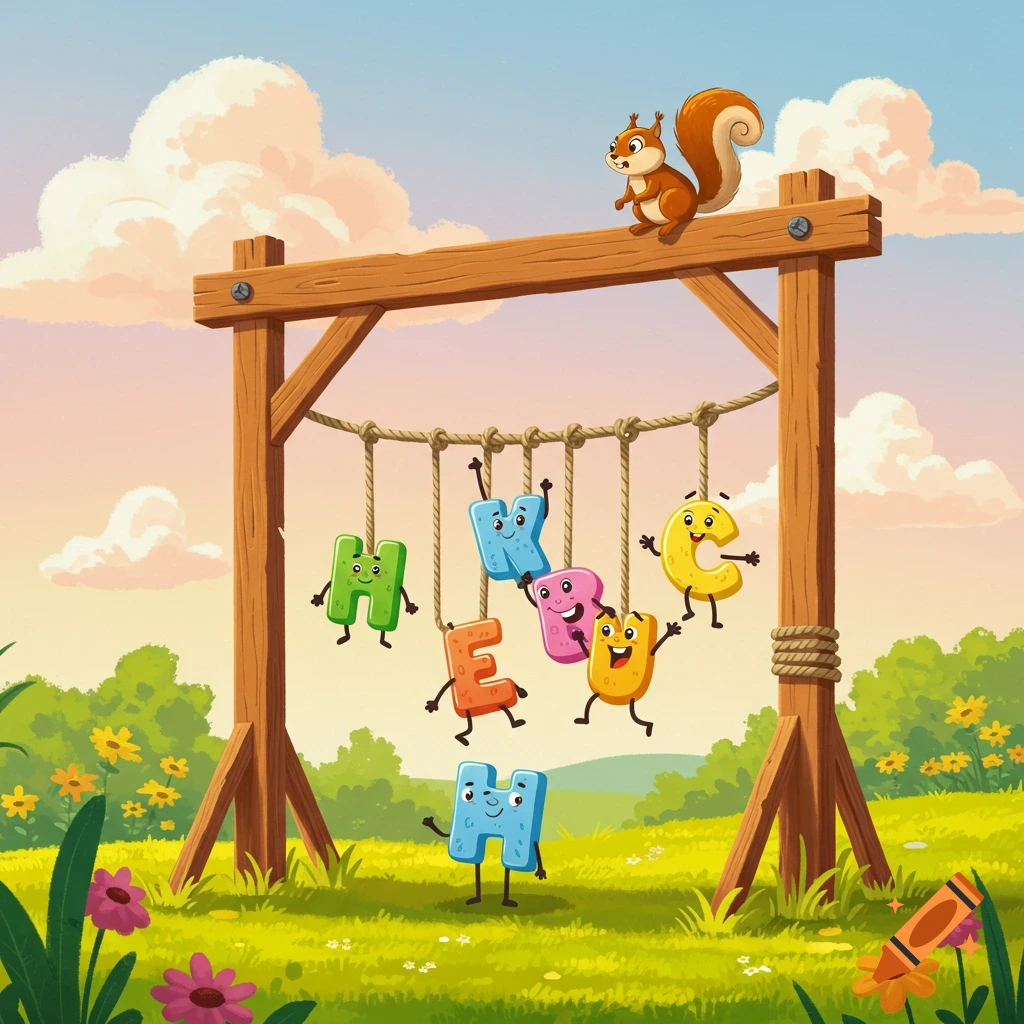 Cartoonish game board with anthropomorphic letters H, K, E, R, C, U hanging from ropes and a squirrel on top.