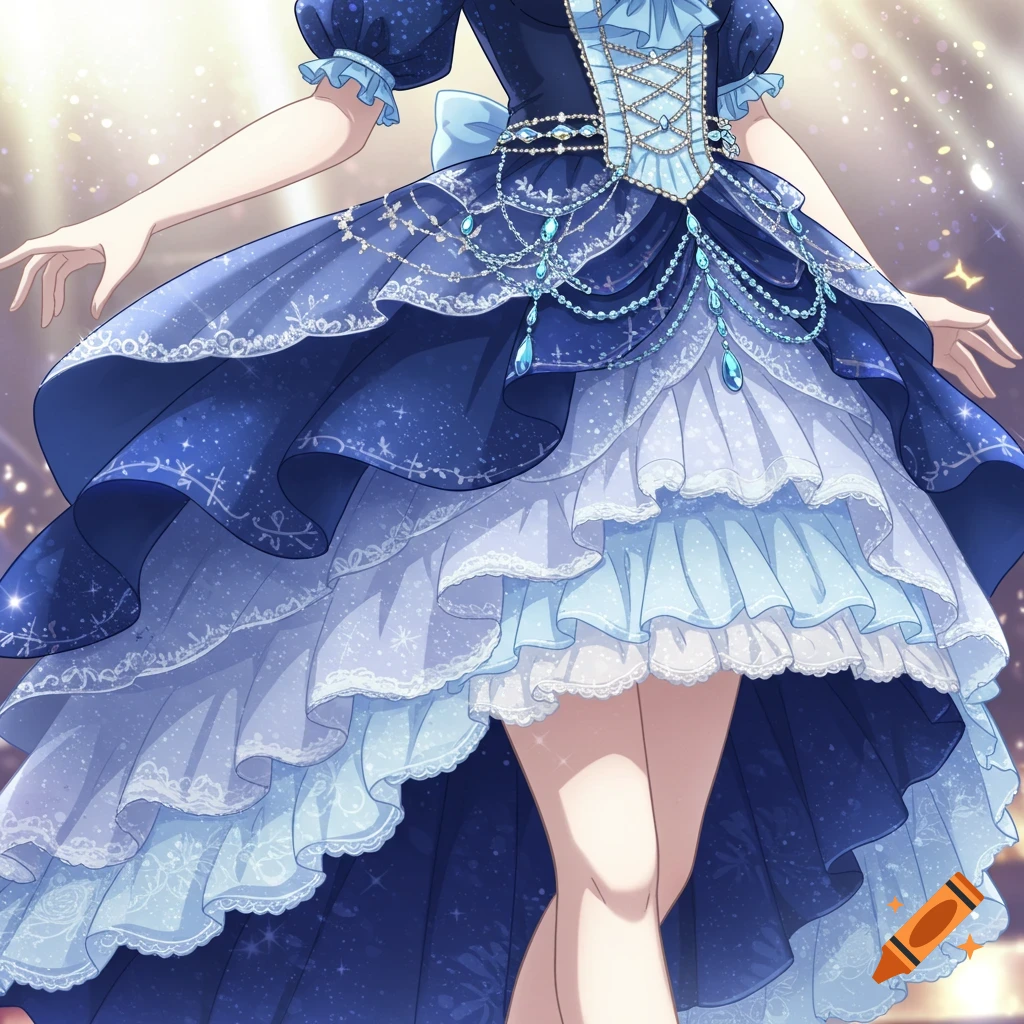 An anime-style image of a person wearing an elaborate blue and light blue ruffled dress, adorned with sparkling details and jewelry.